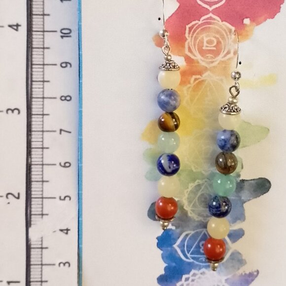 CHAKRA STONES EARRINGS, SILVERY BALI STYLE ACCENTS - Picture 6 of 7